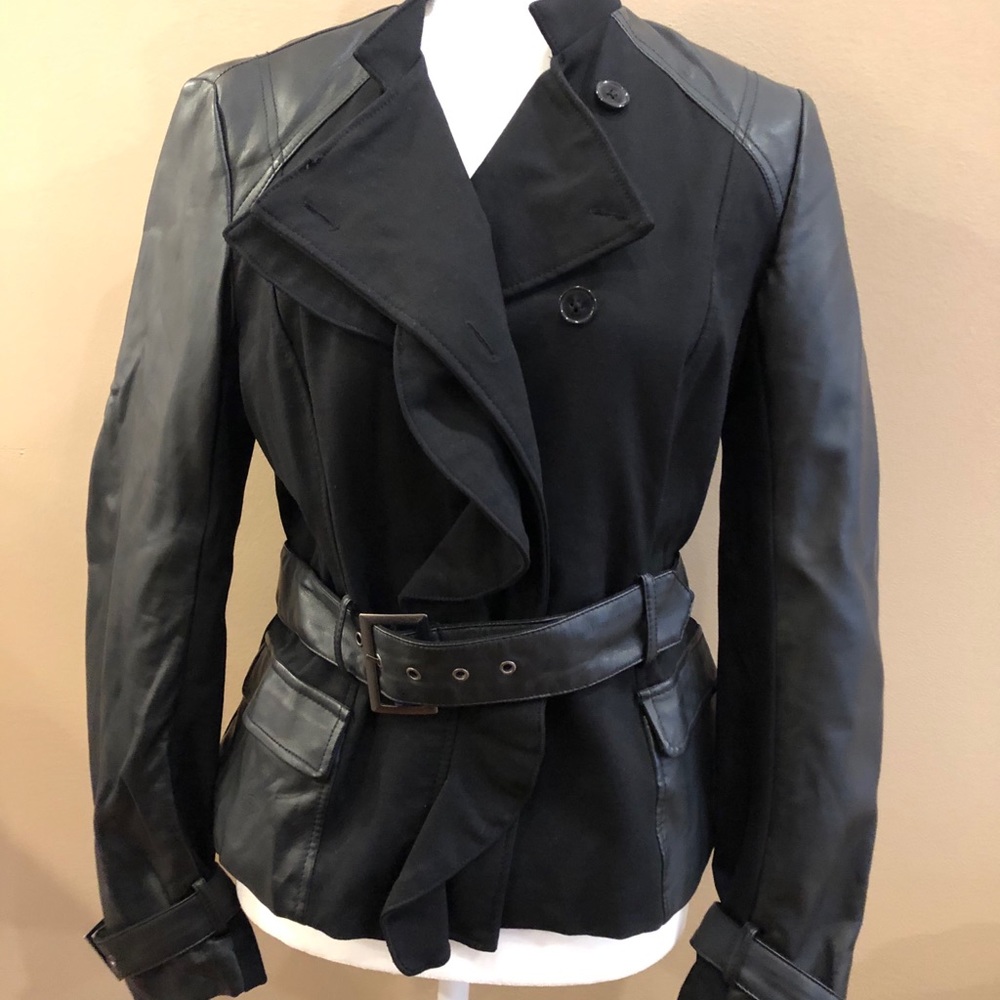 INC faux leather pointe knit ruffle front jacket,M
